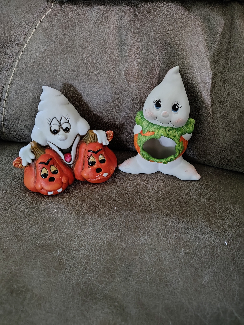 White Ghost Halloween Figurine Set with Orange Pumpkins